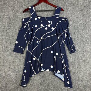 Clara Sun Woo Top Womens Small Blouse Blue Print 3/4 Sleeve Cold Shoulder